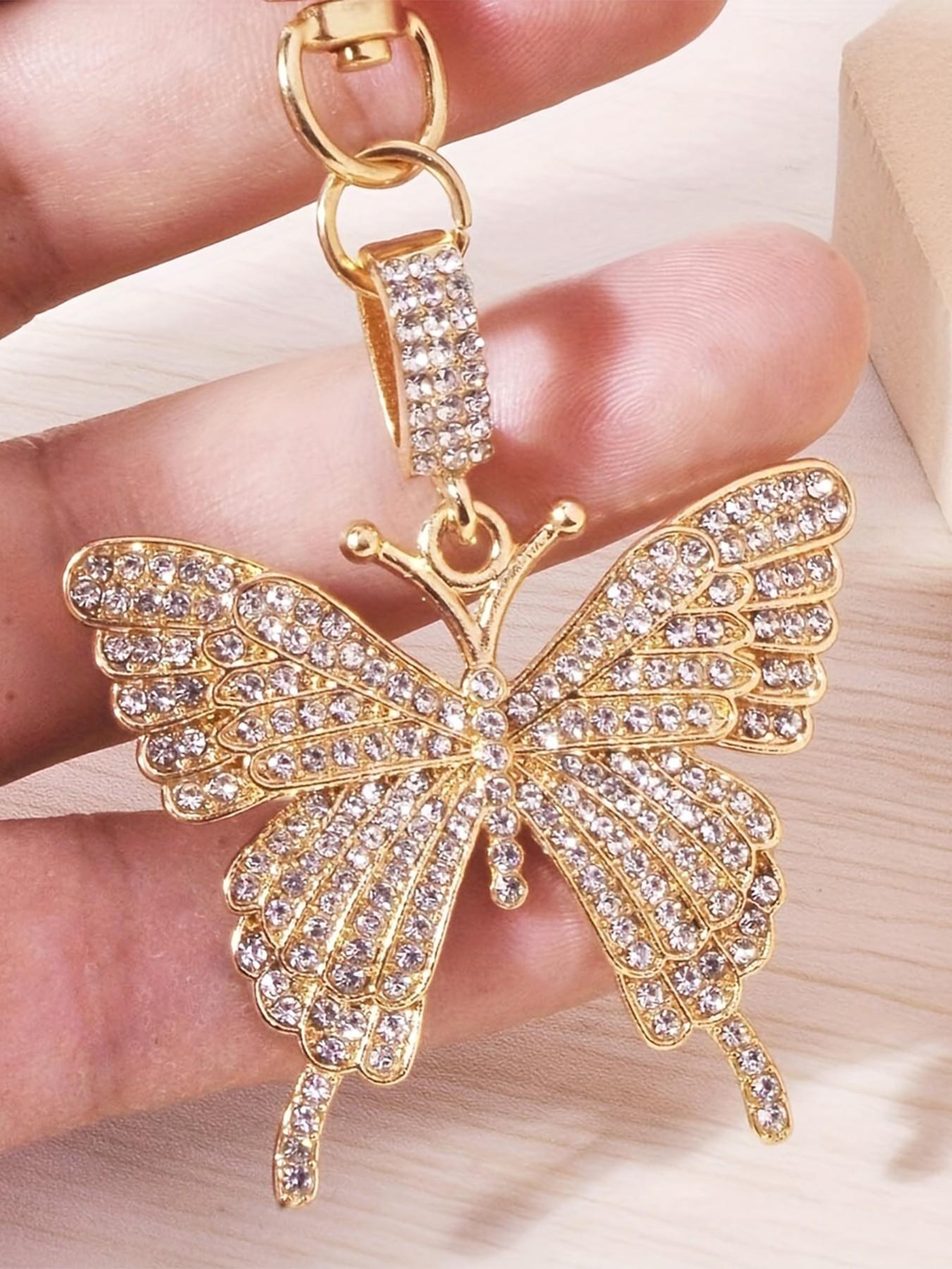 Rhinestone Butterfly Bag Charm Pendants, Crystal & Gold-Tone Bag Chain Charms, Luxury Elegant Bag Decoration Keychain, Sparkly Girly Bag Pendant for Backpack Purse, Ideal for Party & High-End Style Lovers, Fashion Bag Charms, Purse Accessories