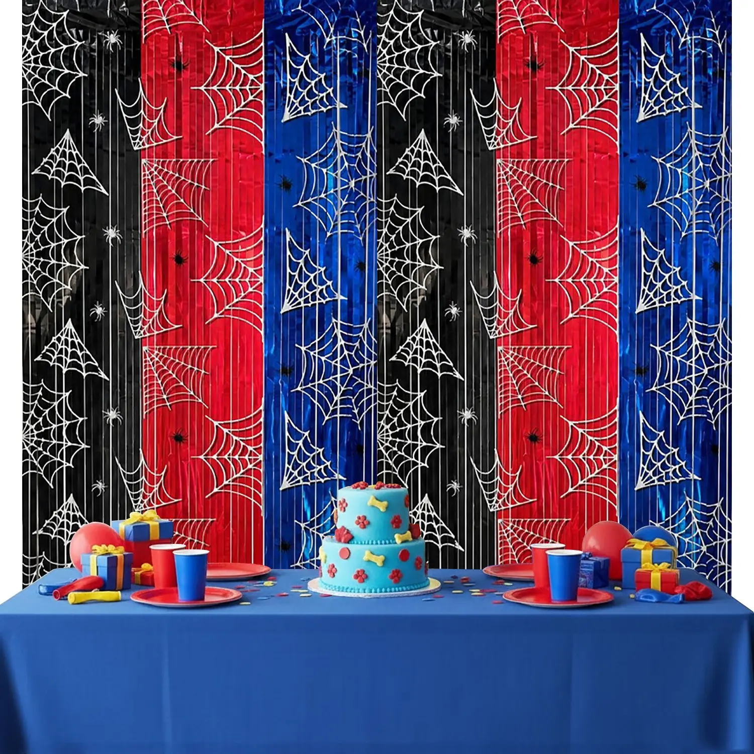 2Pcs Spider Web Fringe Streamer, Black Red Gold Metallic Foil Tinsel Backdrop, Birthday Themed Backdrops, Halloween Spooky Party Photo Booth Decoration for Birthday Celebration, Doorway Wall Decor