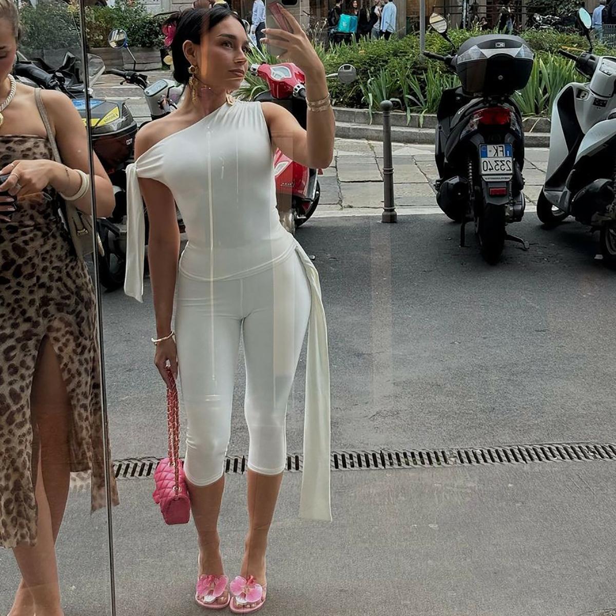 Solid Slanted Neck Lacing Design Sleeveless Top & High Waist Cropped Pants Two-Piece Set Women 2025 Summer New Casual Sexy with Ribbon Elegant Party Club Clothing Outfits