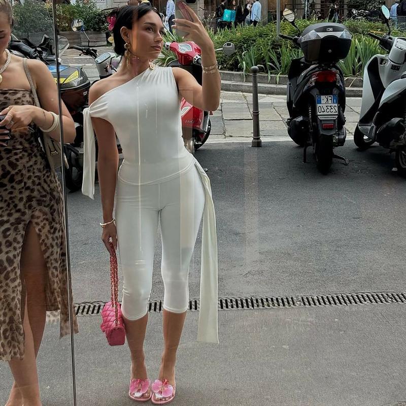 Solid Slanted Neck Lacing Design Sleeveless Top & High Waist Cropped Pants Two-Piece Set Women 2025 Summer New Casual Sexy with Ribbon Elegant Party Club Clothing Outfits