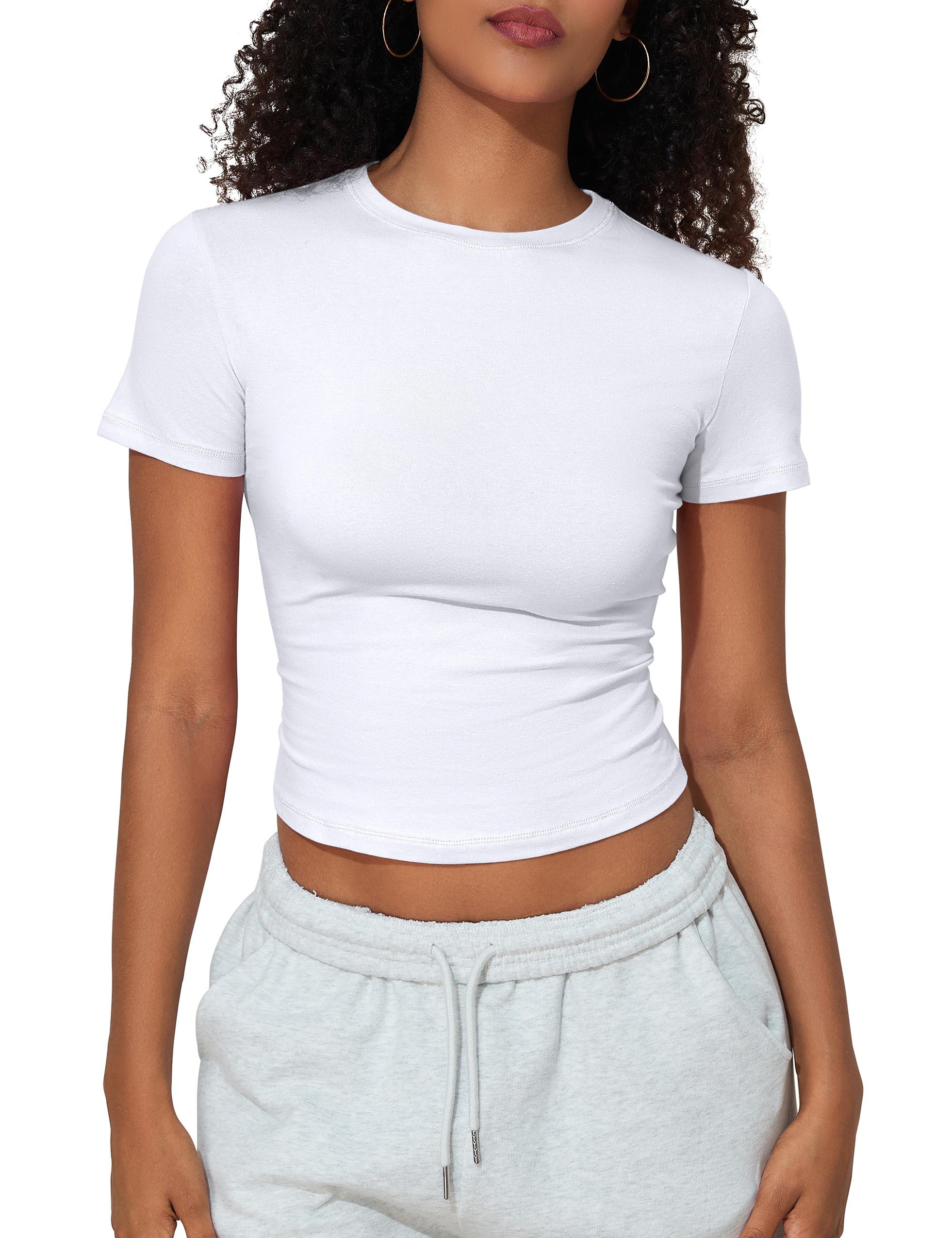 Hilor Women's Casual Basic T-Shirts Going Out Crop Tops Cotton Short Sleeve Tees Tight Fitted Crewneck T Shirts