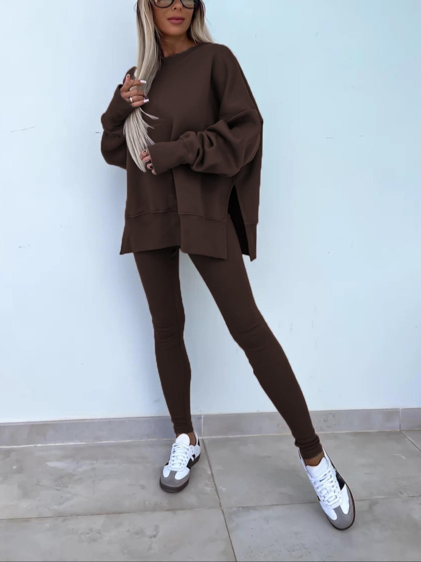 Women's Plain Drop Shoulder Baggy Sweatshirt Outfit Set, Everyday Casual Fashion Comfortable Long Sleeve Pullover, Elastic Waist Pants, Spring & Fall Women's Plain Drop Shoulder Baggy Sweatshirt Outfit Set, Everyday Casual Fashion Comfortable Long Sleeve Pullover, Elastic Waist Pants, Spring & Fall
