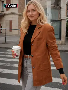 Women's Suede Loose Coat Outerwear, Elegant Lady Everyday Fall & Winter Buttoned Blazer Jacket, Plain Pattern, Moderate Fabric Thickness, Loose Fit, Long Sleeve, Womenswear
