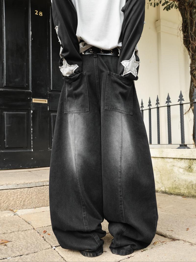 Men's Denim Jeans with Curved Knife Patchwork, American Style Y2K Streetwear Rock Casual Stacked Wide Leg Pants, All-Seasons Men's Denim Jeans with Curved Knife Patchwork, American Style Y2K Streetwear Rock Casual Stacked Wide Leg Pants, All-Seasons