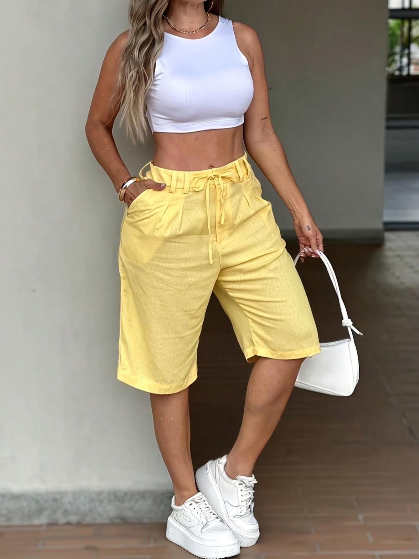 New Summer Women's Adjustable Drawstring Waist Fit Casual Shorts, Elegant Solid Color Pocketed Five-Panel Pants, Loose Straight Leg Workwear Bottoms 10421