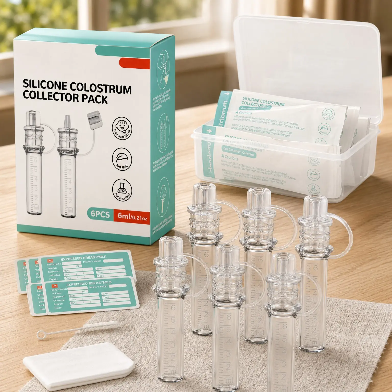 6ml/6pcs Large Capacity Reusable Colostrum Collector Kit with Storage Case & Cotton Wipe, Portable BPA Free(Gift)
