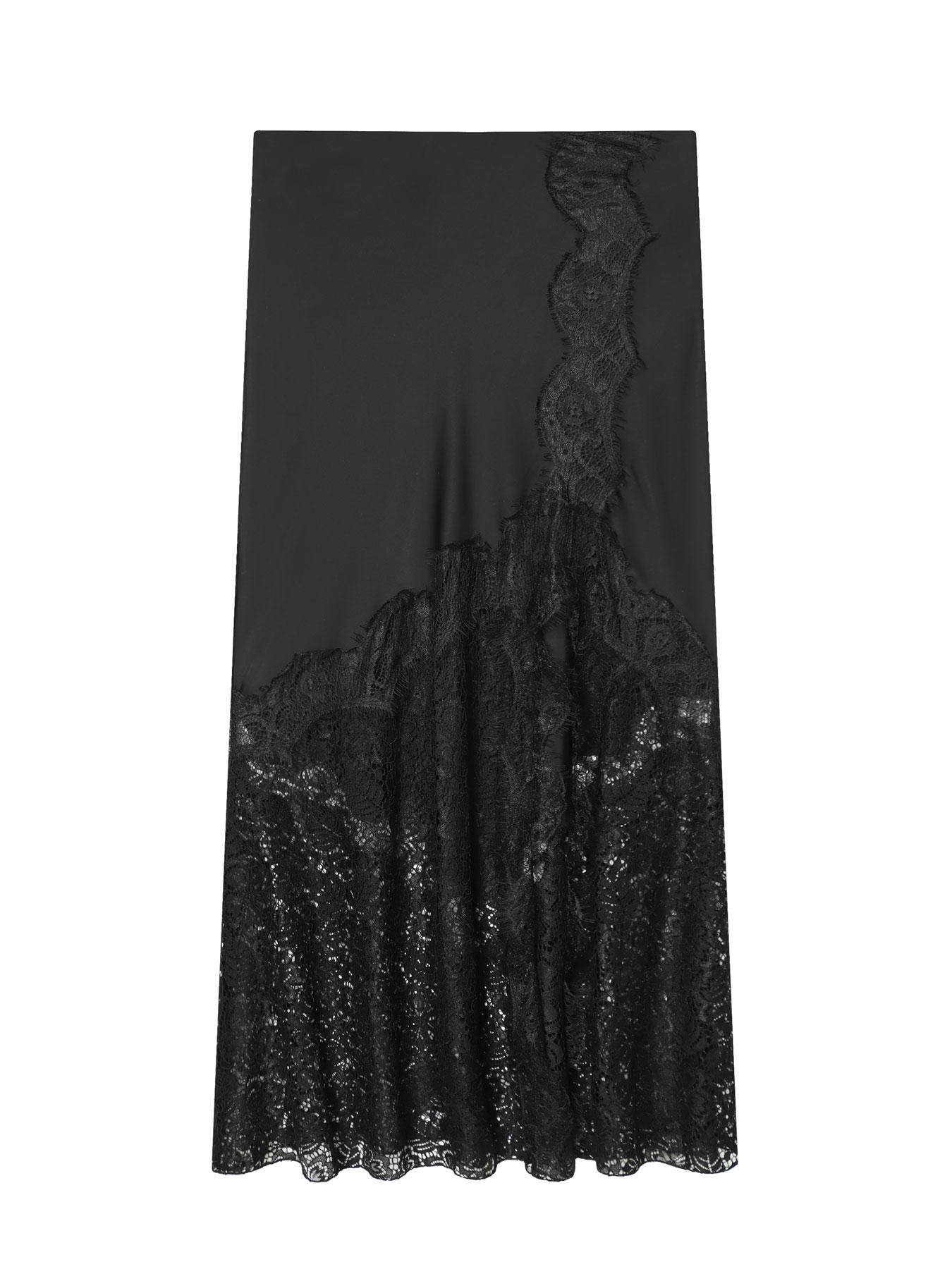 Women's High Waist Satin Lace Long Dress, Asymmetric Decor Y2K Evening Gown, Layered Elegant Fitted Midi Skirt for Spring Summer Fall Winter