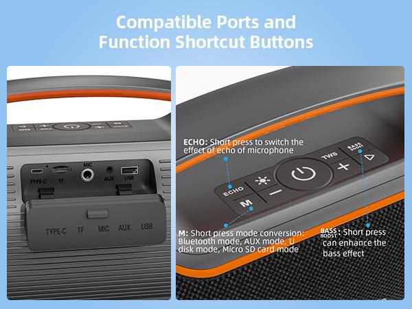 Portable Bluetooth Speakers 200W Peak Sound Deep Bass IP65 Waterproof Outdoor w 2 Subwoofer Tweeter DSP Bass Boost Fast Charging TWS TF USB AUX 24H Playtime Audio