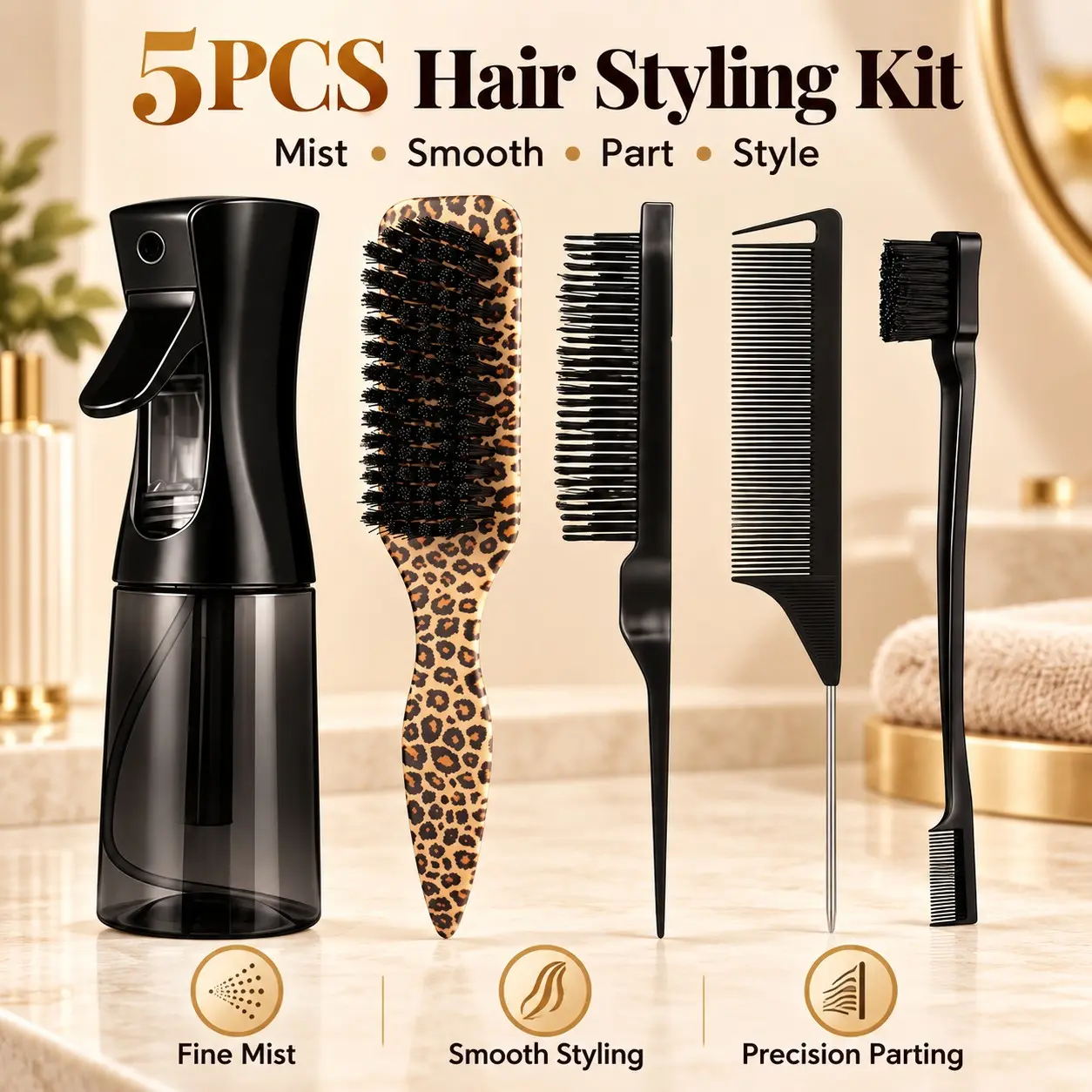 5PCS Hair Styling Kit with Fine Mist Spray Bottle, Smoothing Brush, Pick Comb, Rat Tail Comb & Edge Brush for Slick Back, Detangling, Smoothing, Parting, Sectioning, Edge Control, Flyaways & Everyday Styling Hair Styling Set