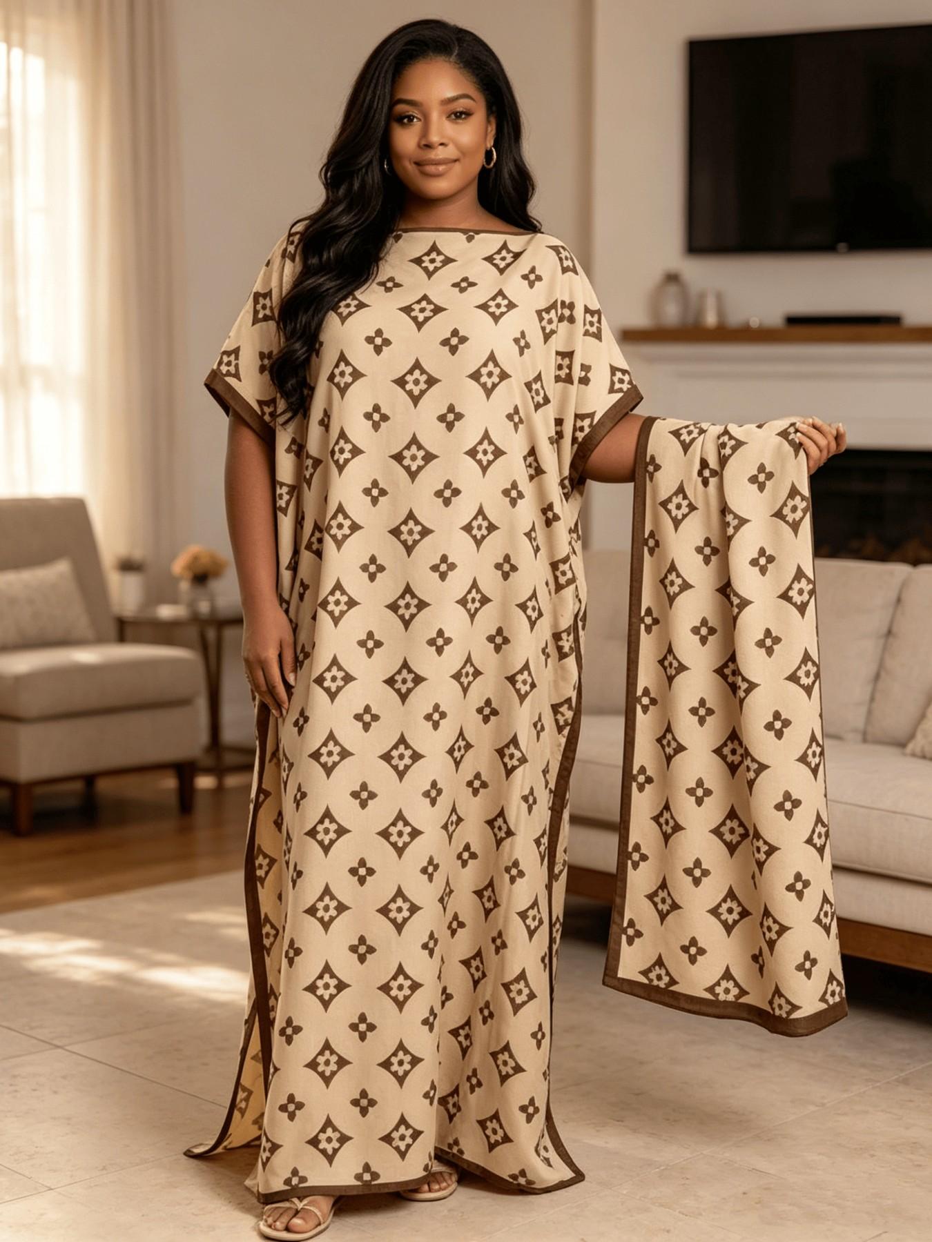 Beige Brown Four-Leaf Clover Print Aesthetic Kaftan Two Piece Set With Matching Scarf, Oversized Split Hem Maxi Robe, Soft Casual Loungewear Beach Night Dress, Fits Plus Size Curvy Figures