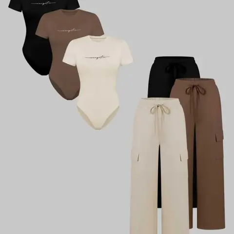 【Black Friday】Women's Fitted Letter Print Outfit, Basic Short Sleeve Round Neck Bodysuit & Drawstring Waist Long Pants, Fashion Soft Knit Womenswear for All Seasons