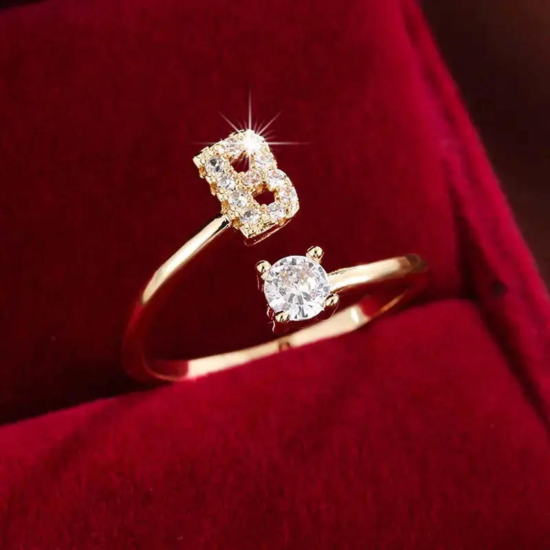 Exquisite Trendy Minimalist Adjustable Initial Letter Zircon Crystal Artificial Gemstone Ring - 26-Letter Band, Unisex Fashion Rings, Anniversary Gift for Him, Adult Jewelry Accessory for Everyday Wear