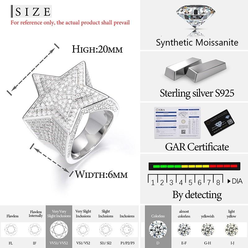 【R46 live2】 S925 Five Star Synthetic Moissanite Men Rings 925 Sterling Silver Ring UCCIYOD VVS Round Synthetic Moissanite  Hip Hop Jewelry