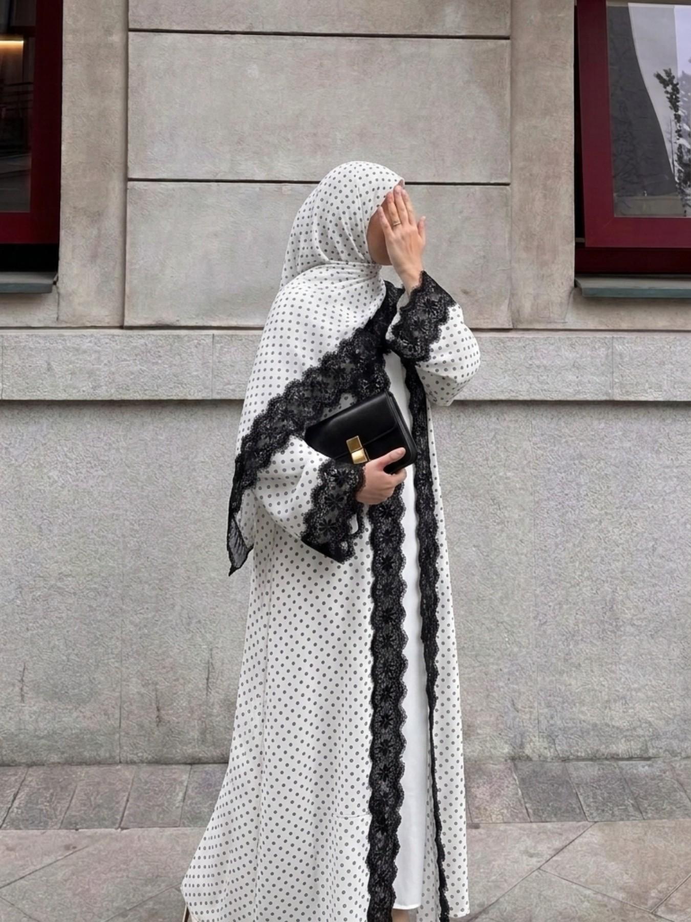 Elegant Two-Piece Lace Trim Polka Dot Open Front Modest Islamic Abaya Robe, Perfect for Parties, Vacations, Casual Wear, Ramadan