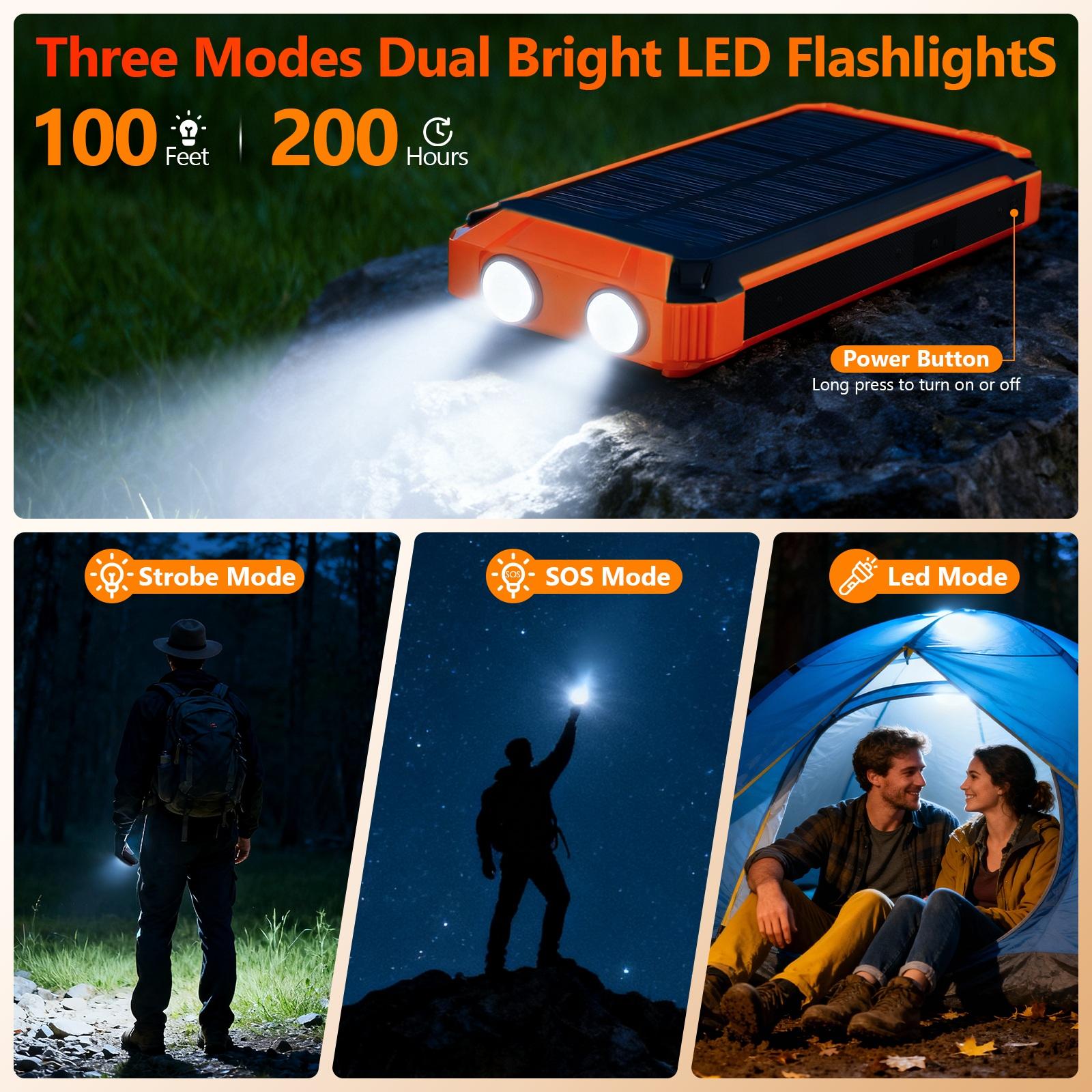 46800mAh Solar Charger Power Bank Wireless Charger Built in 4 Cables 6 Outputs, 15W Fast Charging Power Bank for All Mobile Devices with Dual Flashlights