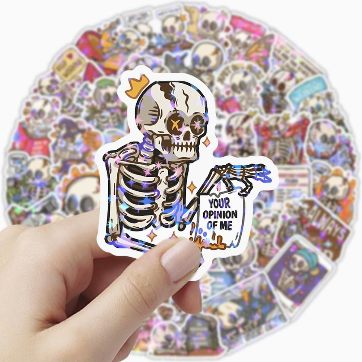 1Pc 50PCS Holographic Skull Stickers Funny Cute Waterproof Vinyl Decals Aesthetic Cartoon Graffiti Sticker Pack for Laptop Water Bottle Phone Case Skateboard Helmet Scrapbook DIY Decor Gift Spring Summer Party Supplies