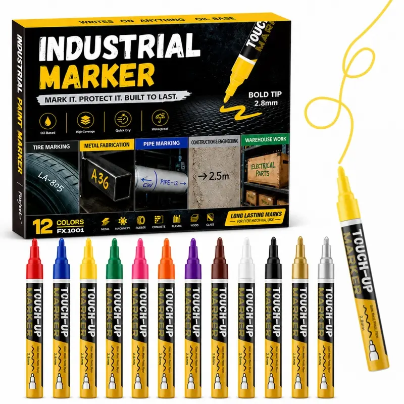 8/12 Color Oil-Based Industrial Paint Markers, 2.8mm Bold Tip Quick Dry Waterproof Paint Pens for Tire Marking, Automotive, Truck, SUV, Metal, Rubber, Plastic, Wood & Glass, Pipe Marking