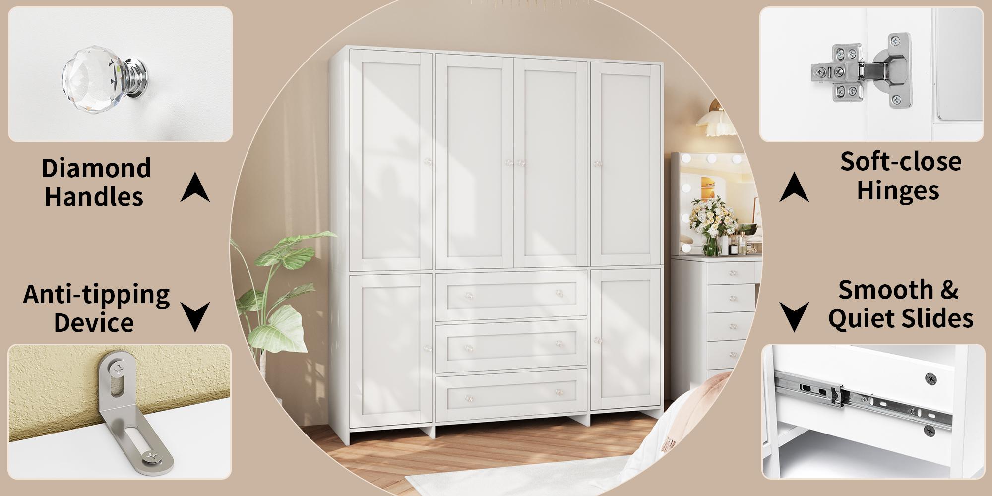 VOWNER Large 4 Doors Wooden Wardrobe Bedroom Tall Armoire Closet Organizer with Big Drawers Mirror Hanging Rails and Shelves Clothes Storage Cabinet for Bedroom