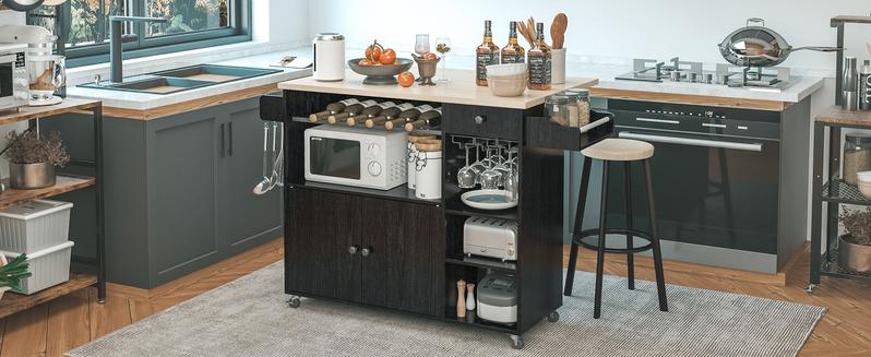 IRONCK Kitchen Island Cart with Drop-Leaf and Wine Rack, Microwave Rack Serving Cart on Wheels with Drawer & Shelves & Spice Rack & Cup Hanging