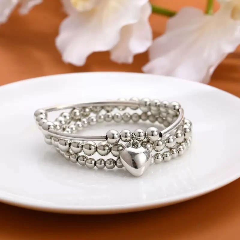 Fashion heart-shaped bead string 3-piece bracelet, versatile accessory for daily wear