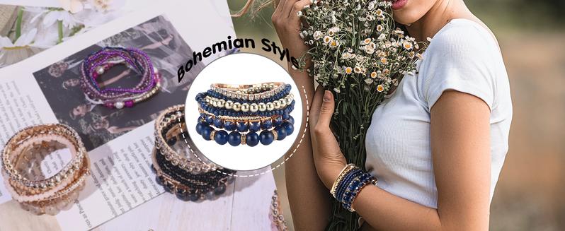 LOYALLOOK 6 Sets Bohemian Stackable Bead Bracelets for Women Stretch Bohemian Style Stretch Multilayered Boho Bracelet Set