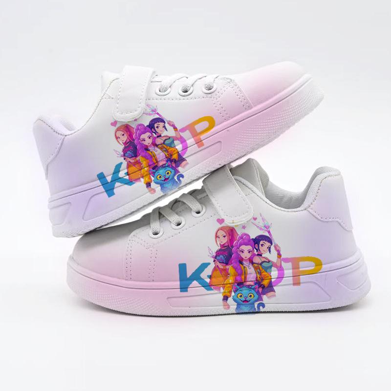 Girls' Cartoon Print Polyester Velcro Sneakers - Gradient Pink-White Low-Top Outdoors Casual Skate Shoes, Lightweight Non-Slip Children's Daily Sports Footwear