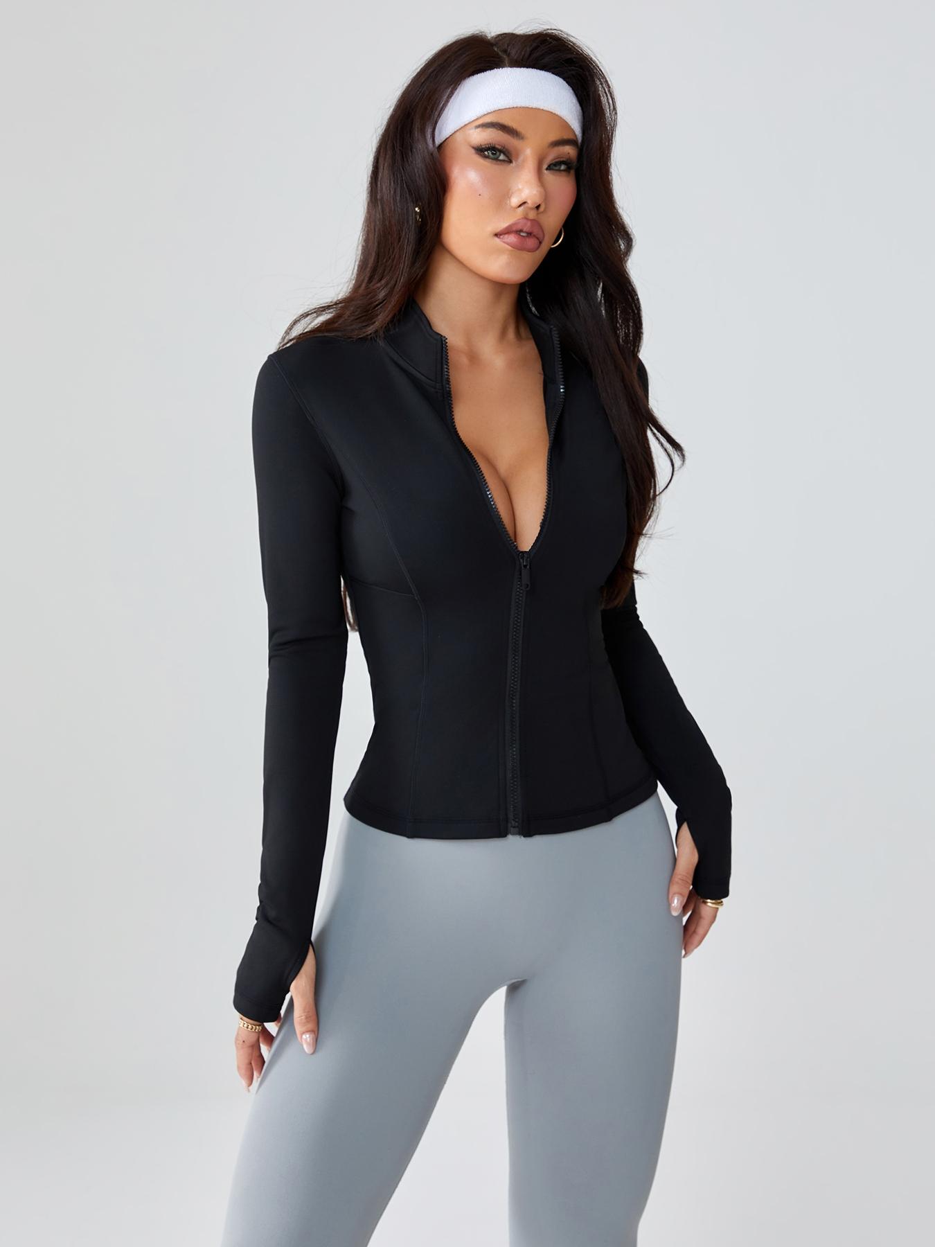 Women's Fleece Lined Zipper Jacket, Sporty Tight-Fitting Yoga Running Gym Coat, Small Stand Collar, Fall & Winter Wear, Yoga Jacket Top