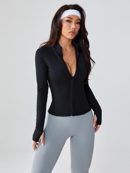 Women's Fleece Lined Zipper Jacket, Sporty Tight-Fitting Yoga Running Gym Coat, Small Stand Collar, Fall & Winter Wear, Yoga Jacket Top