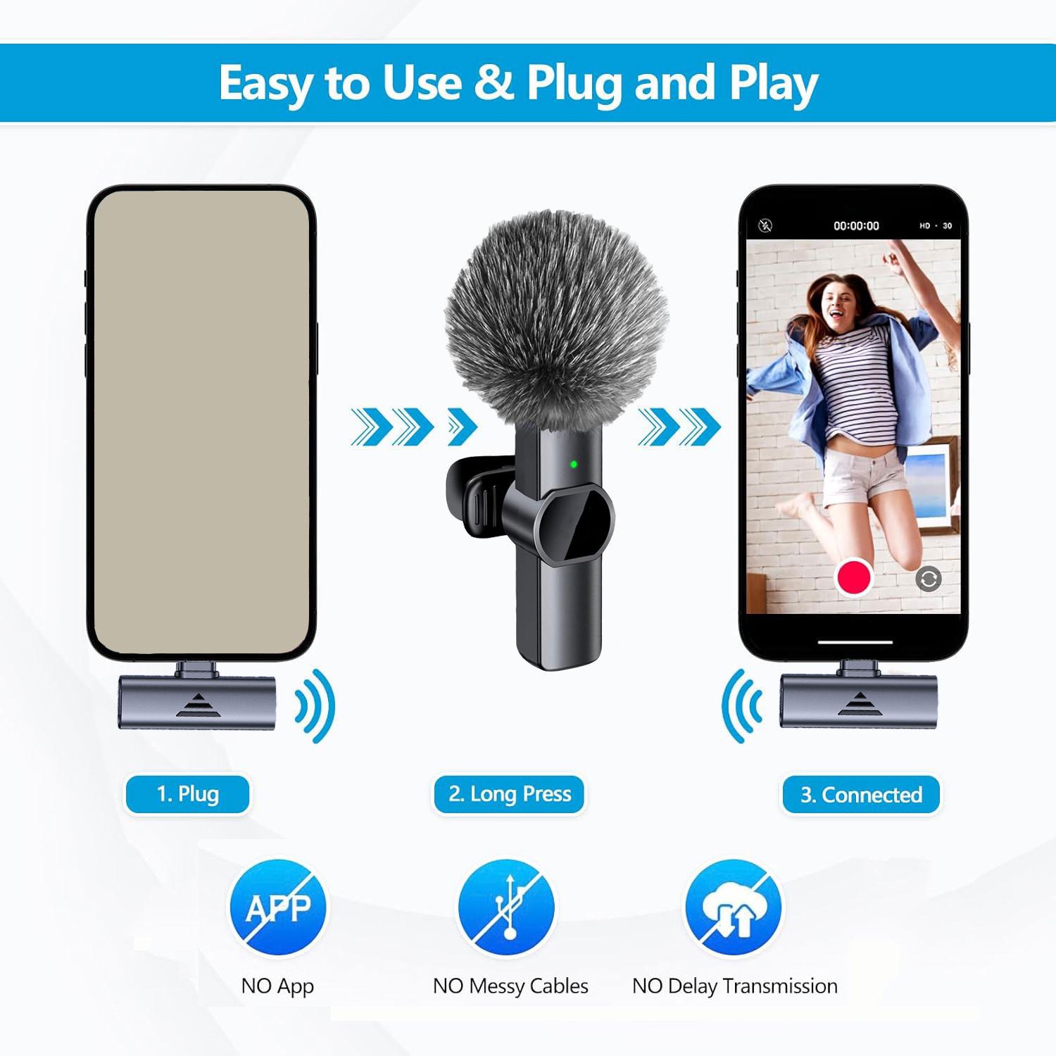HITOZON Professional Wireless lapel mic for Smartphones,Plug-Play Wireless Microphone With windsock,Lapel Mic for Video Recording,Teaching, interviews,Podcast,Cordless Omnidirectional Condenser Recording Mic for TikTok,YouTube,Vlog