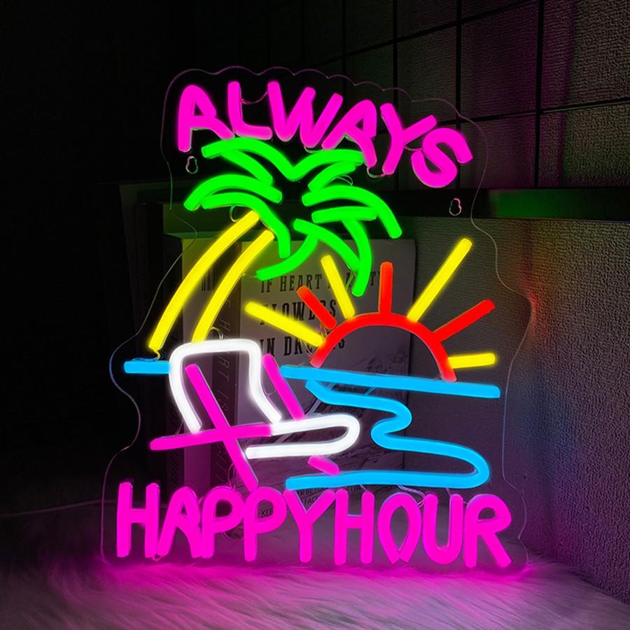 Always Happy Hour Neon Sign, Beach Neon Signs for Wall Decor, Palm Tree Led Light Up Signs for Bedroom Bar Club Pub Man Cave Restaurant Party Decorations