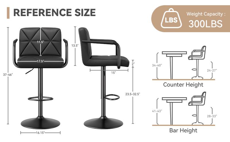 Black Friday Specials-Set of 2 Barstools, Adjustable Height 25.5-34.5 IN with Back & Arms, Swivel PU Leather Upholstered Counter Height Bar Chairs