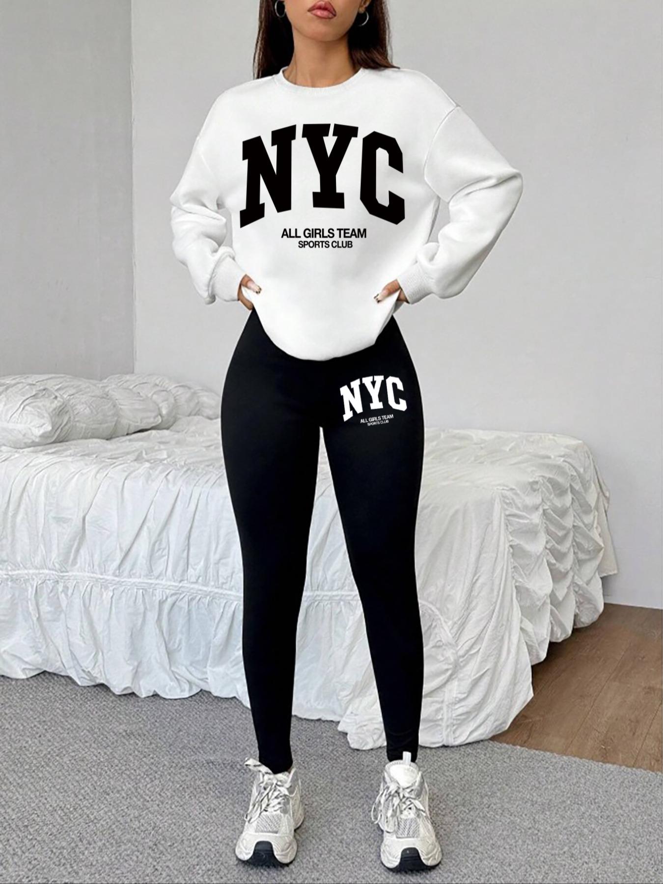 Women's Nyc Letter Print Sweatshirt Set, Track Pants Set, Round Neck Long Sleeve Top, Fitted Bottoms, Casual Fall & Winter, Holiday Sale