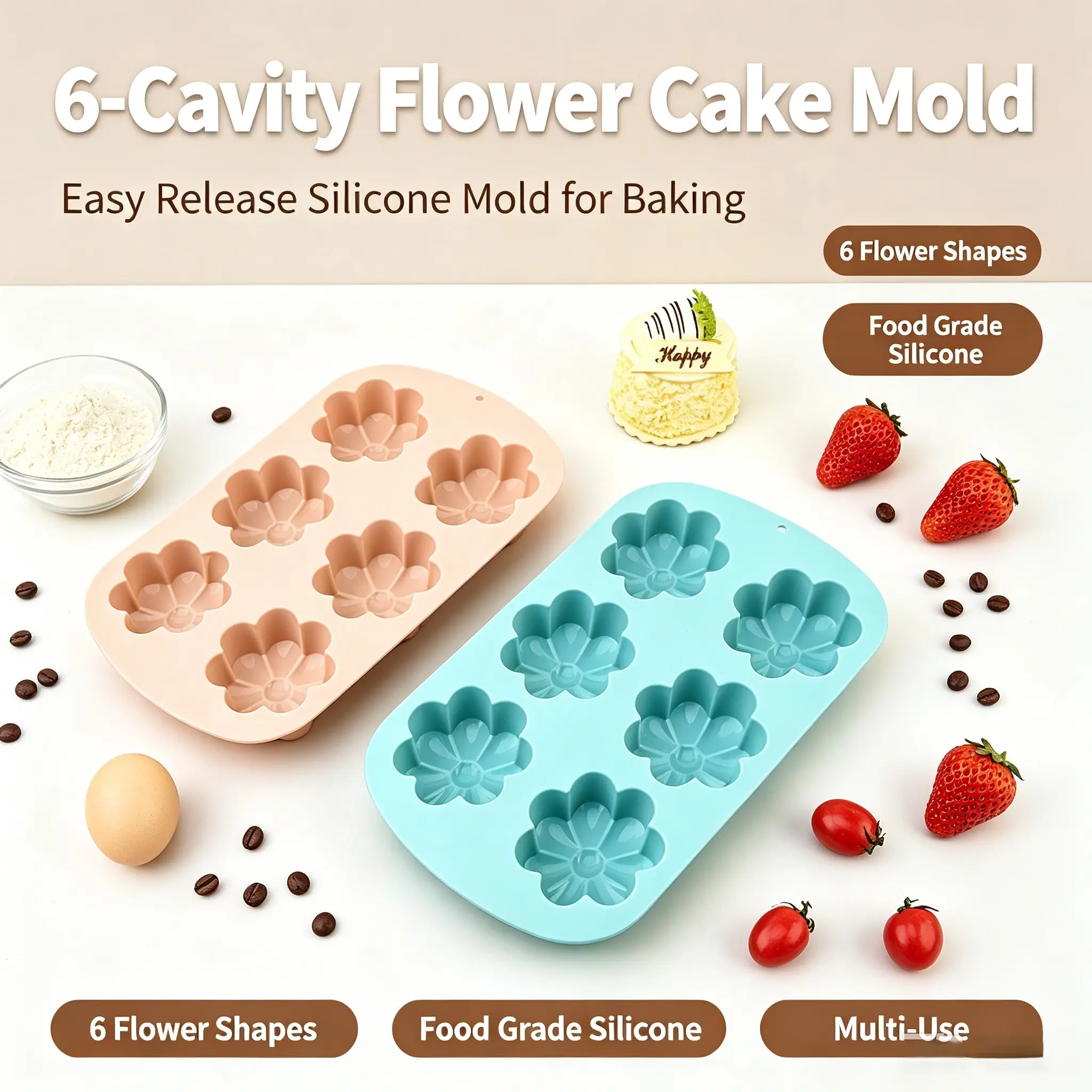 6-Cavity Flower Silicone Cake Mold, Non-Stick Food-Grade Baking Mold, Ideal for Cupcakes, Jellies, Pudding, Chocolate, Heat Resistant