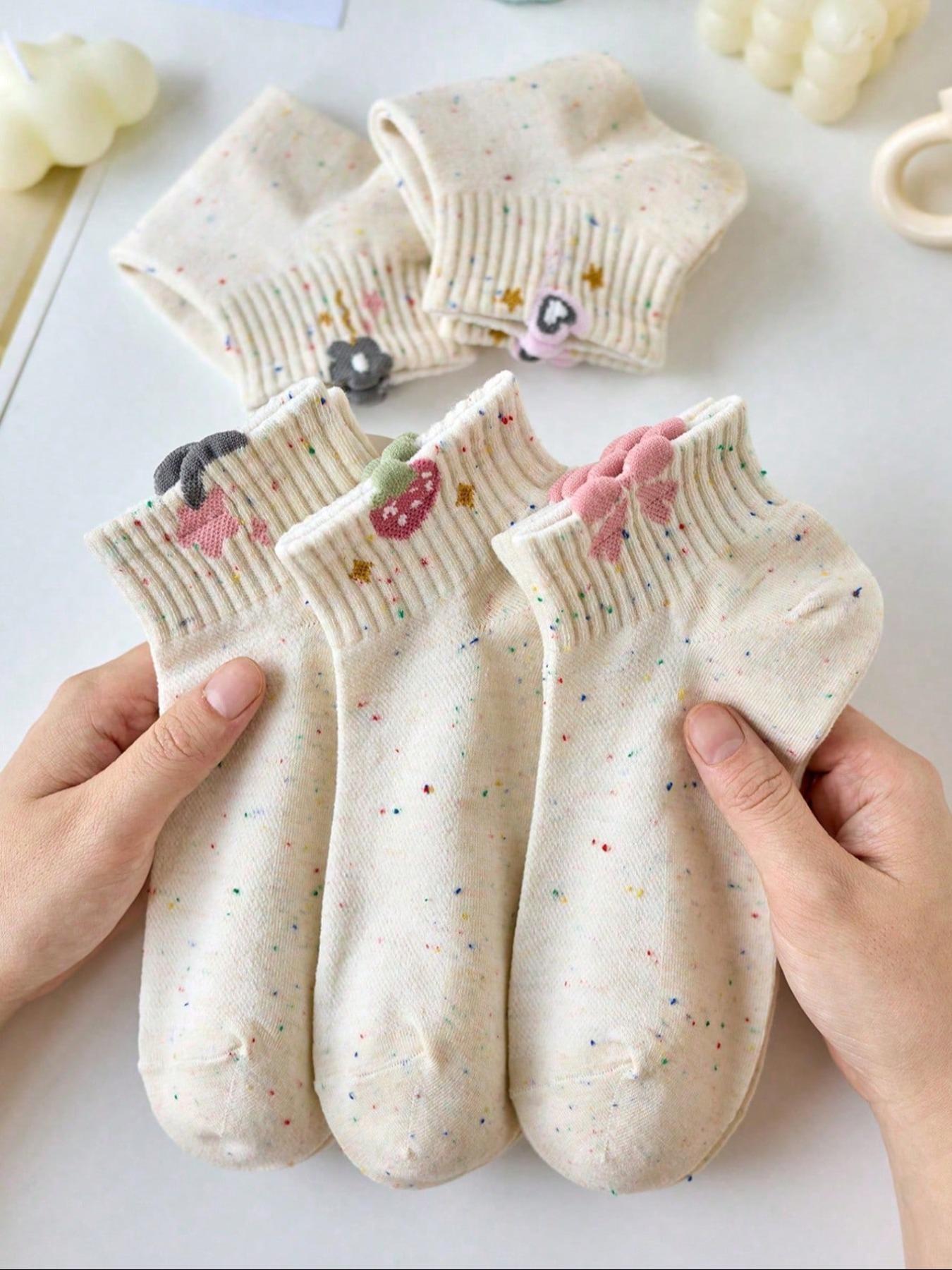 5 Pairs Women's Teenage Floral Strawberry Bow Low Top Ankle Socks, High Elastic Non-Straining Short Socks, All Seasons Student Socks