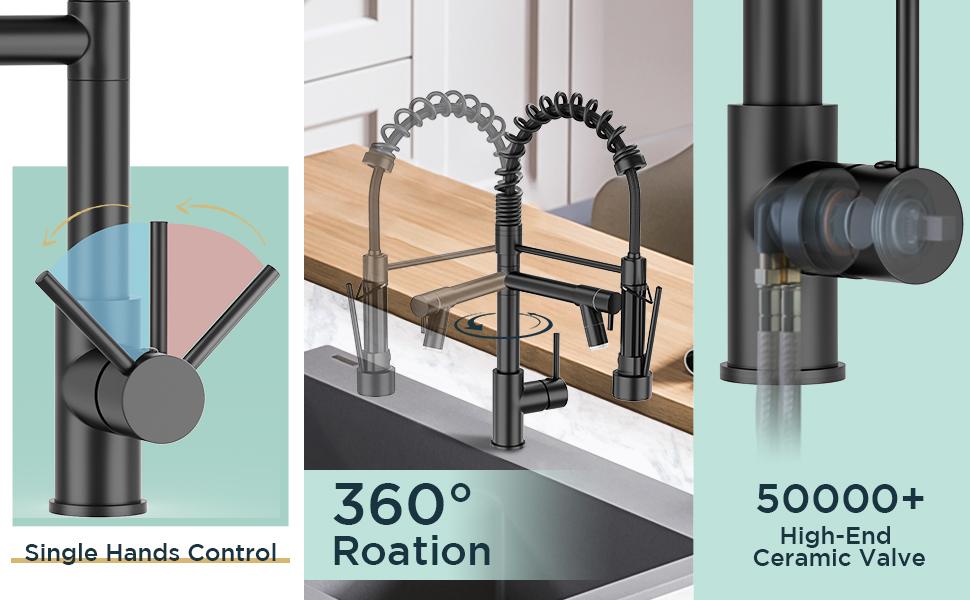 FORIOUS Commercial Spring Kitchen Faucet with Dual Heads & LED Stainless Steel Pull Down Sprayer Standard Aerator 360° Swivel Matte Black
