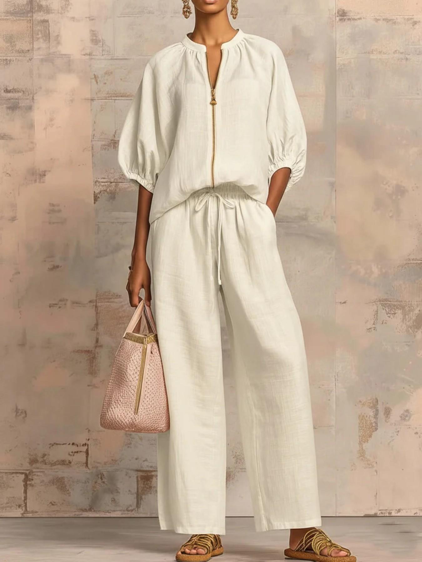 Casual Two-Piece Set, Stand Collar Zipper Bubble Sleeve Top + Adjustable Drawstring Wide Leg Pants, Versatile for Commute, Travel, Vacation