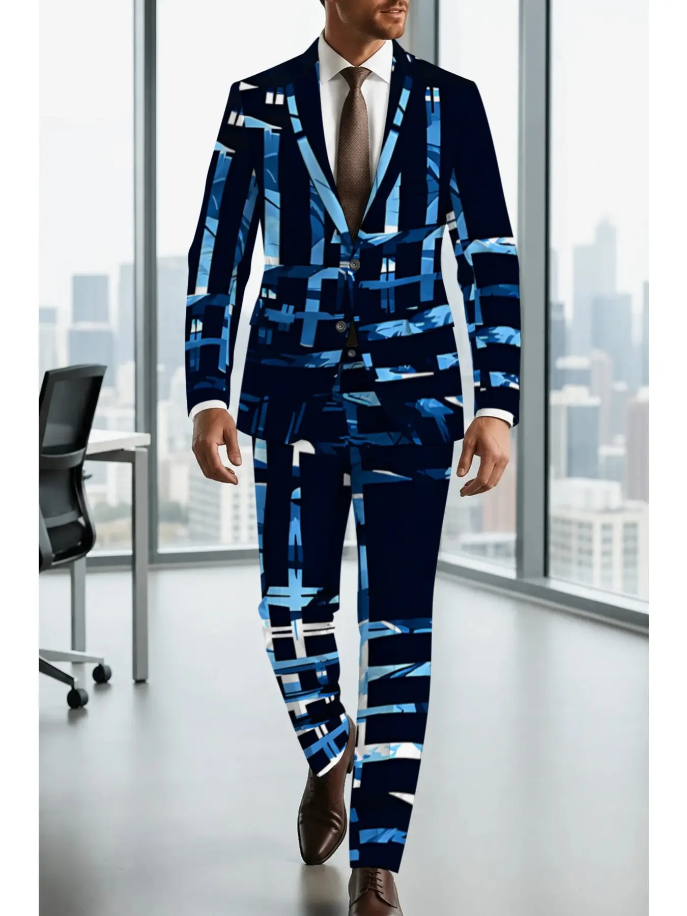 Men's Geometric Print Blazer Set, Deep Blue Abstract Pattern Slim-Fit Suit, Casual Long Sleeve Wester Pants, Stage Street Party Fashion