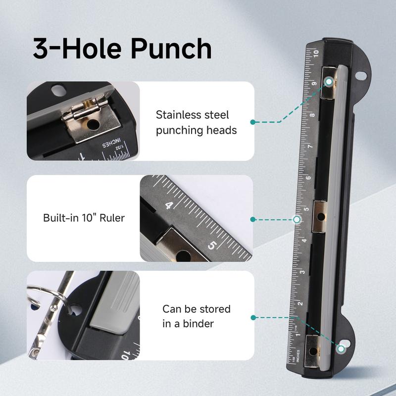 3 Hole Punch, 1 Count Portable Mini Hole Puncher with Ruler, Multifunctional Punching Ruler for DIY Craft, Teaching, Office Stationery & Supplies