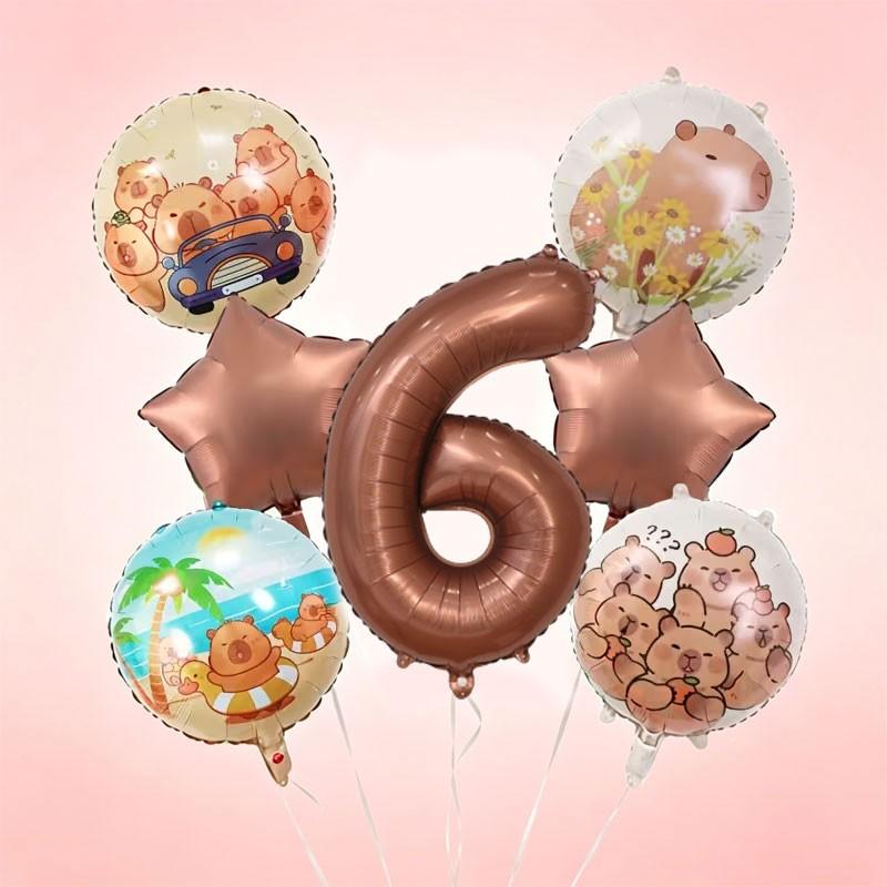 9-Piece Capybara Birthday Balloon Set, 32-Inch Chocolate Number, Shiny Star Aluminum Balloons, Party Decor, Kids Photo Props, Home Wall Decoration, Birthday Party Decorations