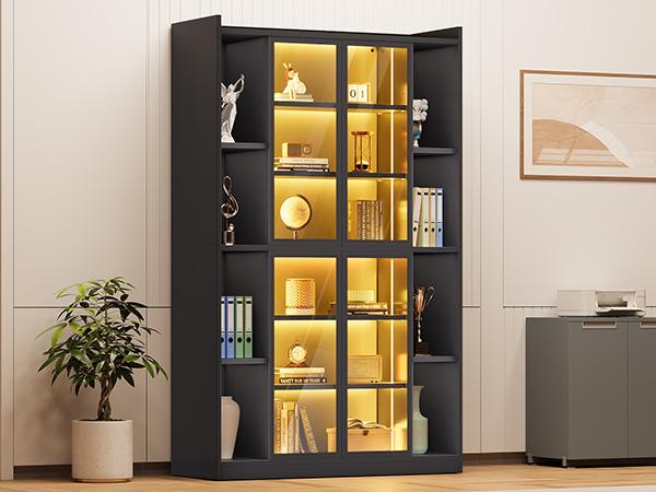 SEDETA 64 Inch Display Cabinet with Glass Doors 6 Tier Tall Bookcase with LED Lights Curio Cabinet with Adjustable Shelves