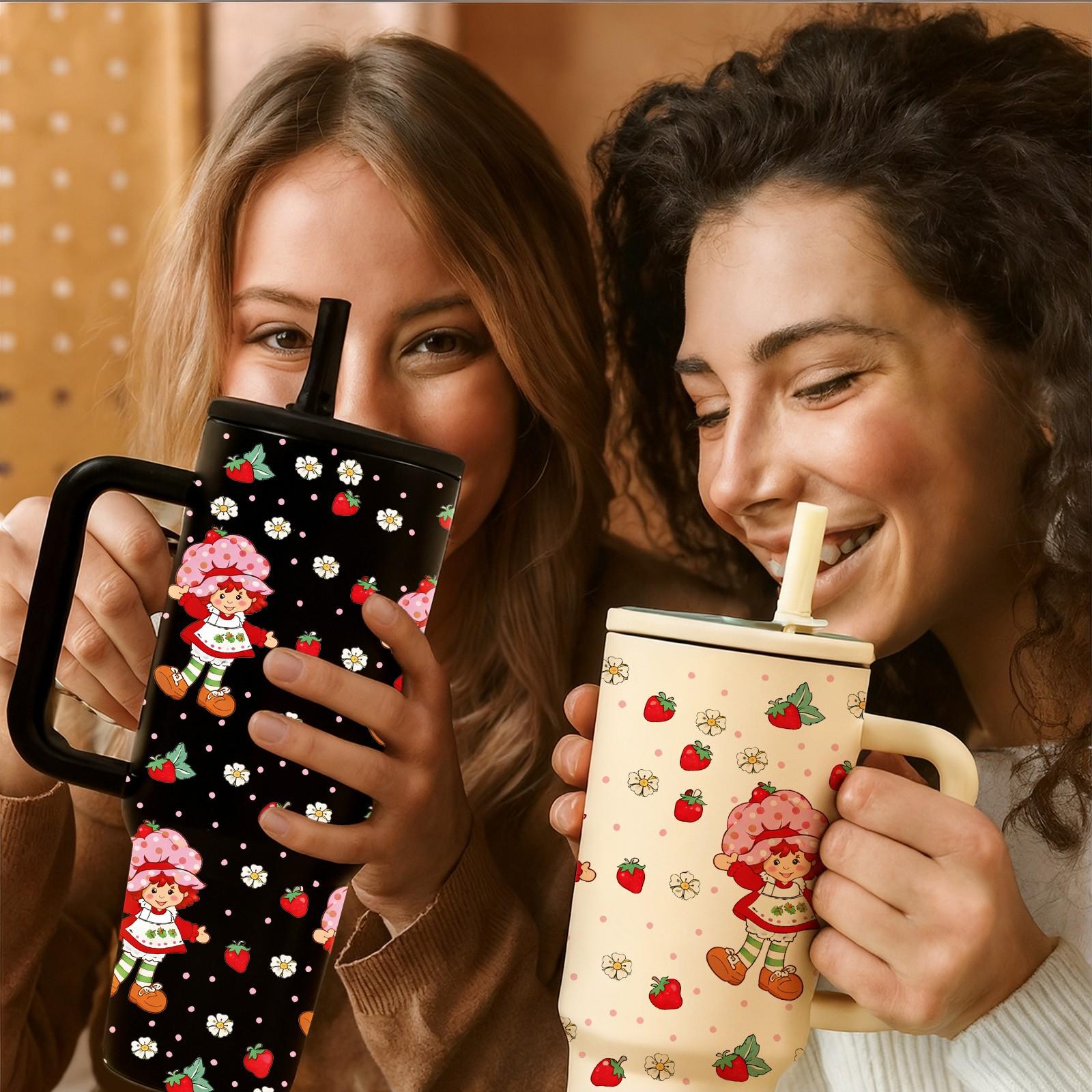 1 Pc 40oz Insulated Mug with Straw Lid and Handle, Cute Strawberry Girl Cartoon Pattern Tumbler, Double Wall Vacuum Thermal Mug for Hot Cold Drinks, Keeps Hot 12 Hours Cold 24 Hours, Large Capacity Leak Proof Design, Gift for Women Girls Holiday