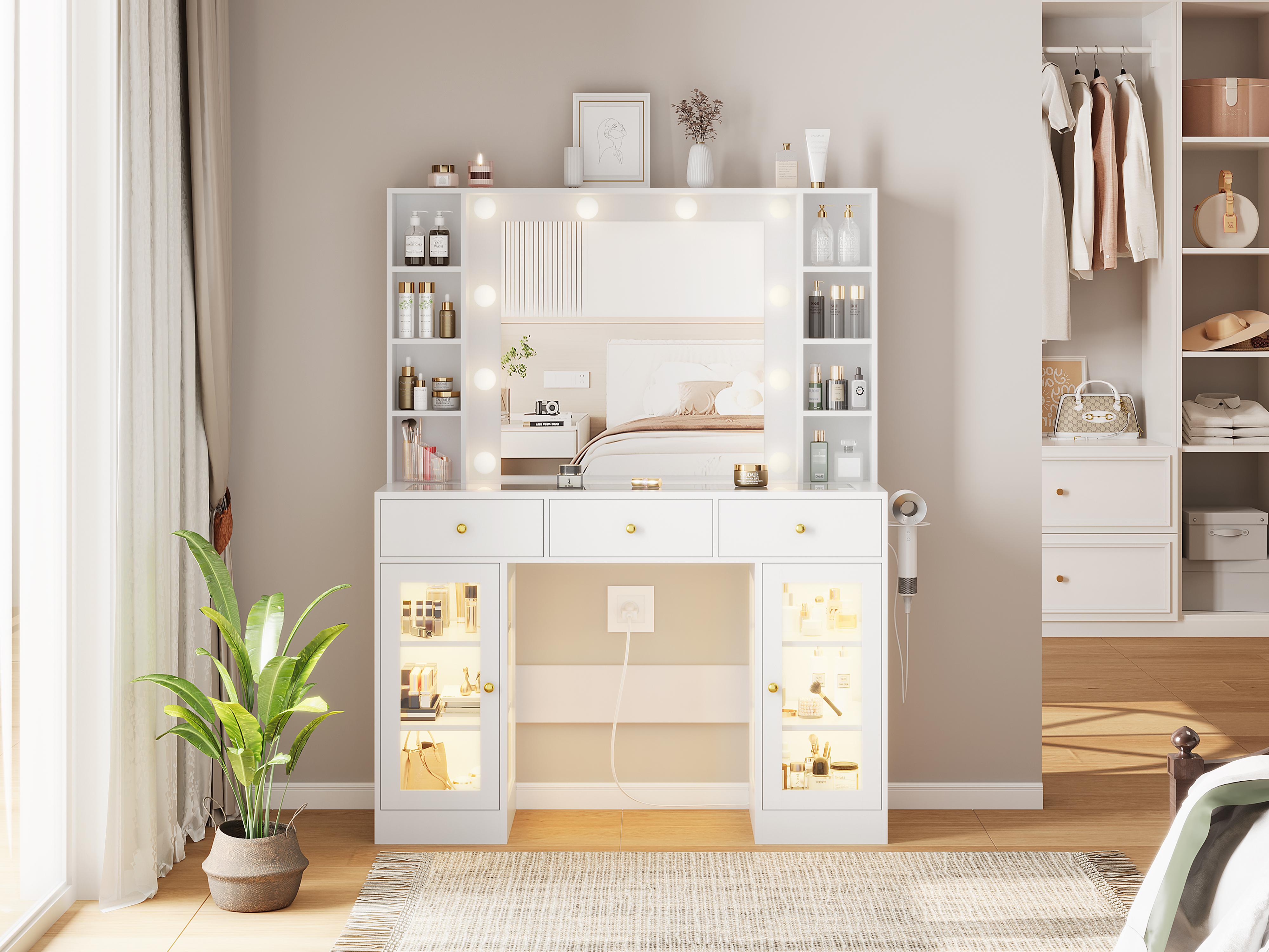Makeup Vanity Desk with Mirror and Lights, LED Lights & Power Outlet,Modern makeup vanity 3 Drawers & 2 Cabinets, 8 Storage Shelves, Adjustable Lighting, Dressing Table for Bedroom