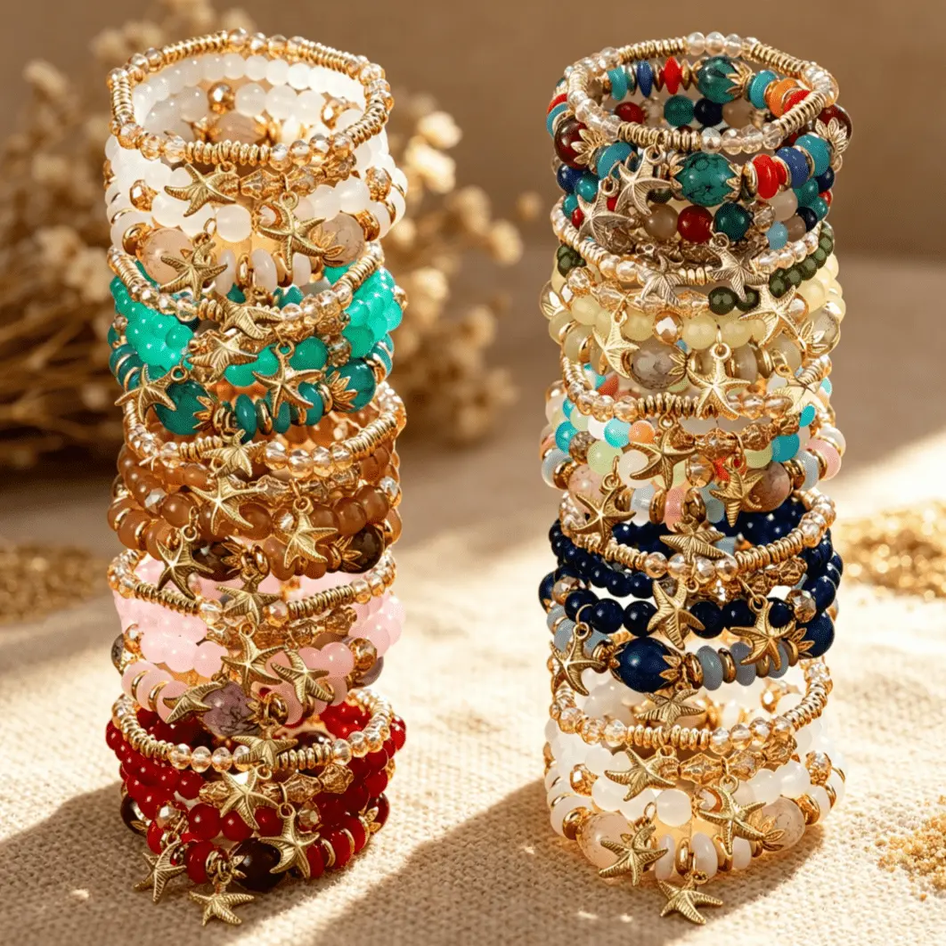 Women's 8-24pcs Boho Beaded Bracelets Set - Golden-Tone Starfish Detail, Multi-Layer, Luxury Summer Costume Jewelry - Daily Wear, Festival Use - Beads Mix, Star Accent, Multi-Part Bracelets & Bangles, Wrist Candy