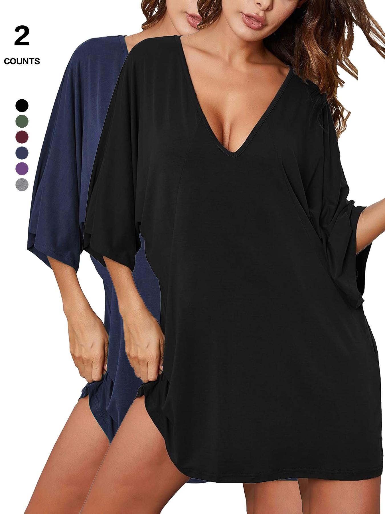 2026 Women's Sleepshirt Deep V Neck Nightgown Batwing Nightshirt Oversized Sleepwear