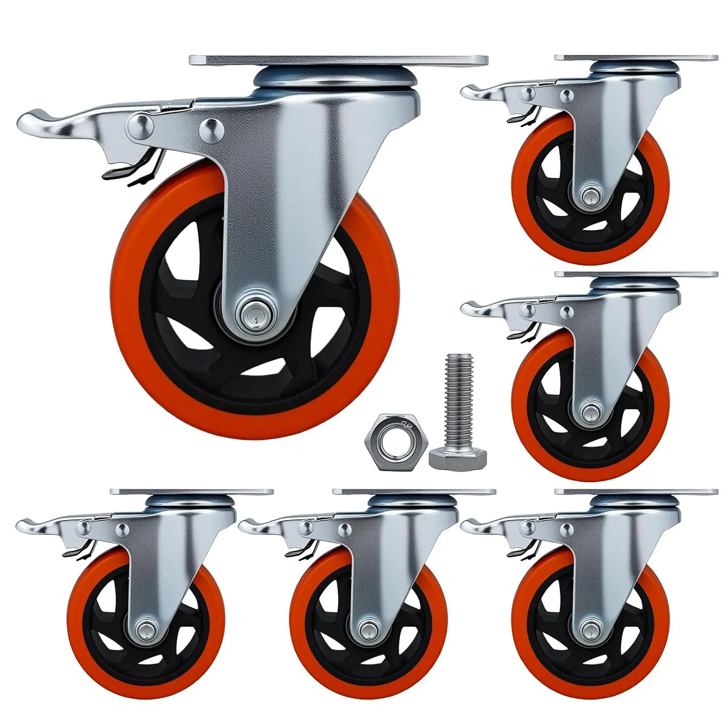 Htudcue 4-in Heavy-Duty Swivel Caster Wheel Set (6 Pack), 3300 lbs Load Capacity Per 6 Orange Wheels with Dual-Lock Brakes for Equipment Move & Tool Cabinets