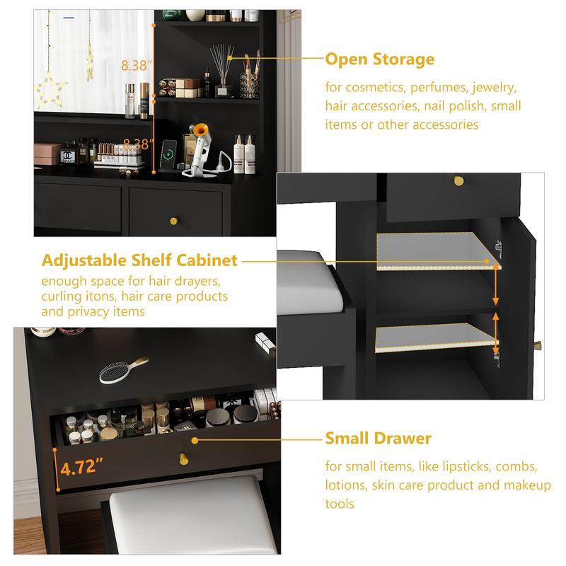Vanity Desk Set with LED Light Mirror & Power Outlet, Makeup Table with 3 Shelves & 2 Drawers & 3 Level Adjustable Cabinet & Makeup Vanity Stool for Women, Girls(37")
