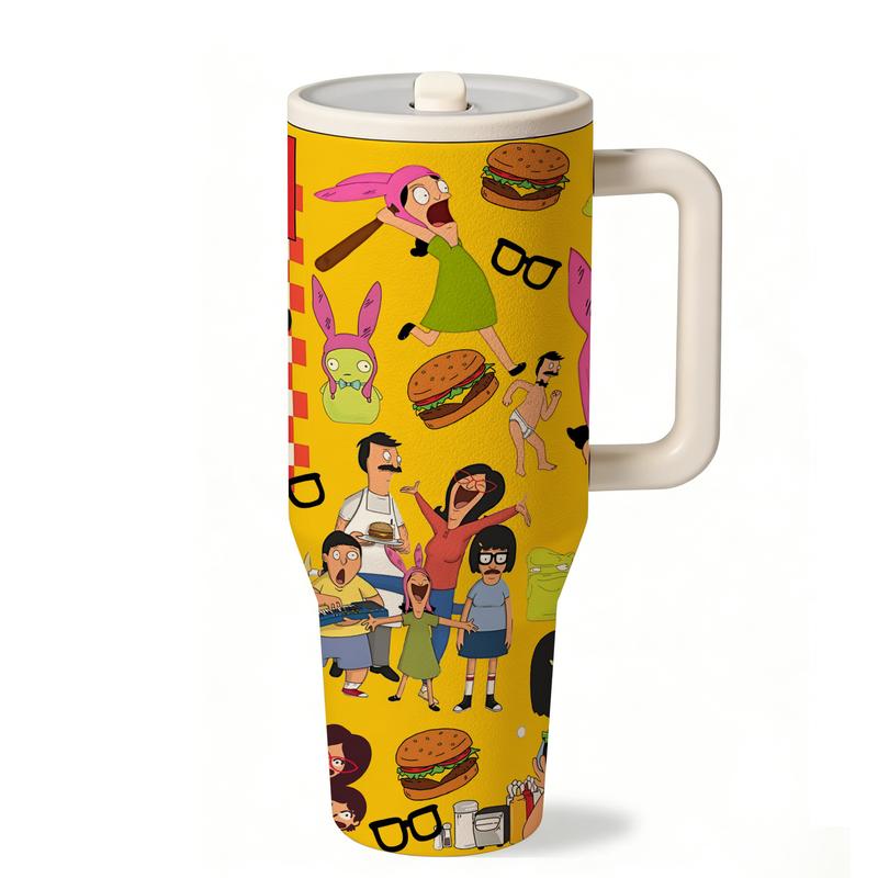 1 Pc 40oz Burger Family Cartoon Insulated Tumbler With Handle And Lid, Funny Food Lover Animation Design, Double Wall Stainless Steel Travel Mug For Hot Cold Drinks, Leak Proof Large Capacity Cup, Aesthetic Gift For Burger Fans, Home Office Daily Use