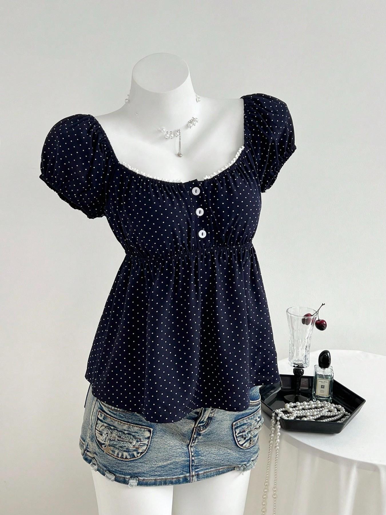 Women's Polka Dot Short Sleeve Top, Vintage Square Neck Bubble Sleeve Slim Fit T-Shirt, Soft Breathable Fabric, Casual Daily Wear Spring