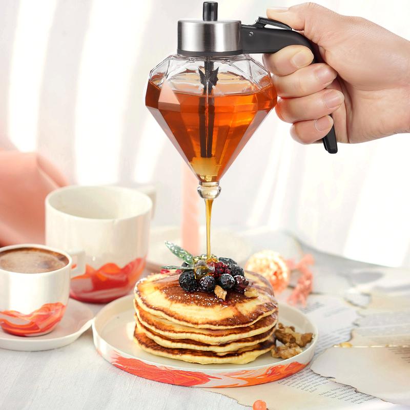No-Drip Glass Honey Dispenser with Plastic Stand - Diamond Shaped Honey Stand and Syrup Dispenser - Bee Decorative Honey Storage Jar, Glass Syrup Dispenser for Honey, Syrup - 8 oz