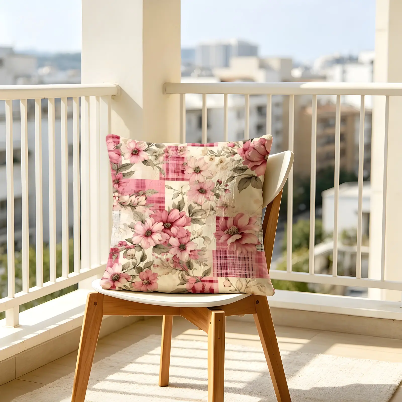 Vintage Floral Gingham Patchwork Digital Print Throw Pillow, Soft Square Decorative Accent Pillow Cushion Includes Pillow Core, Cottage Style Pillow for Sofa Couch Window Bench, Machine Washable Country Home Decor Gift for Women, Polyester Fiber Cushion